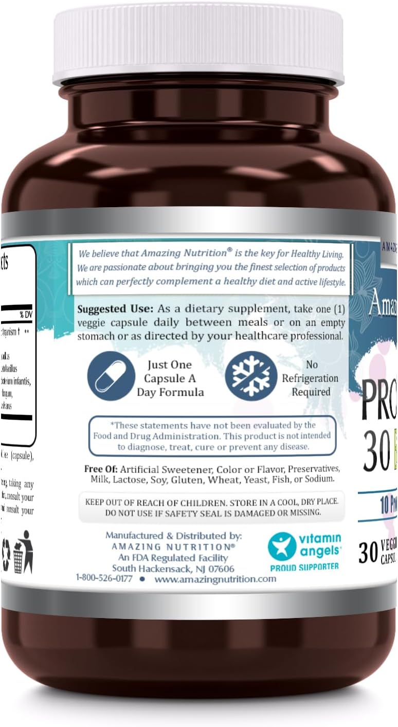 Amazing Nutrition Amazing Flora Probiotic - 30 Billion CFU with 10 Strains - Non-GMO, Gluten Free, Made in USA - 30 Veggie Capsules
