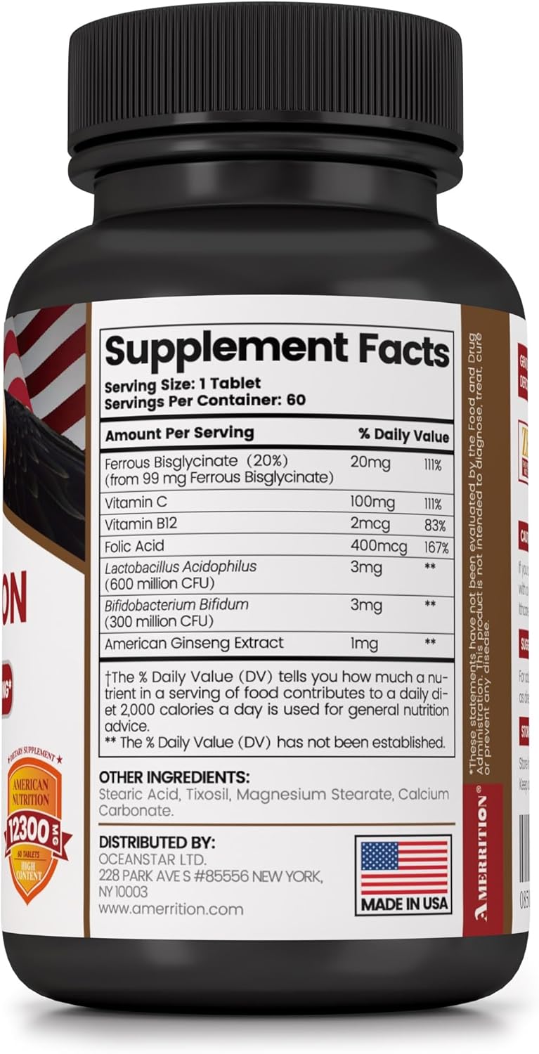 Amerrition Feirron Tablet - Supports Blood Building - 60 Count Bottle