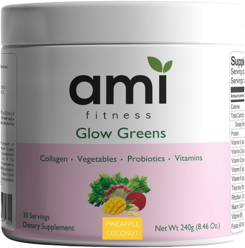 Ami Fitness Glow Greens Powder with Collagen, Probiotics, Vitamins, and Superfoods for Gut Health and Radiant Skin - Pineapple Coconut Flavor, 30 Servings