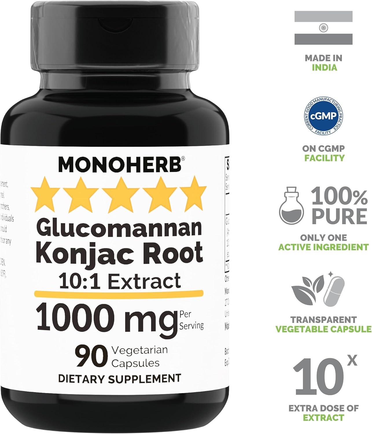 Amorphophallus konjac Radix Extract Glucomannan Capsules - 1000 mg, 90 Vegetarian Capsules