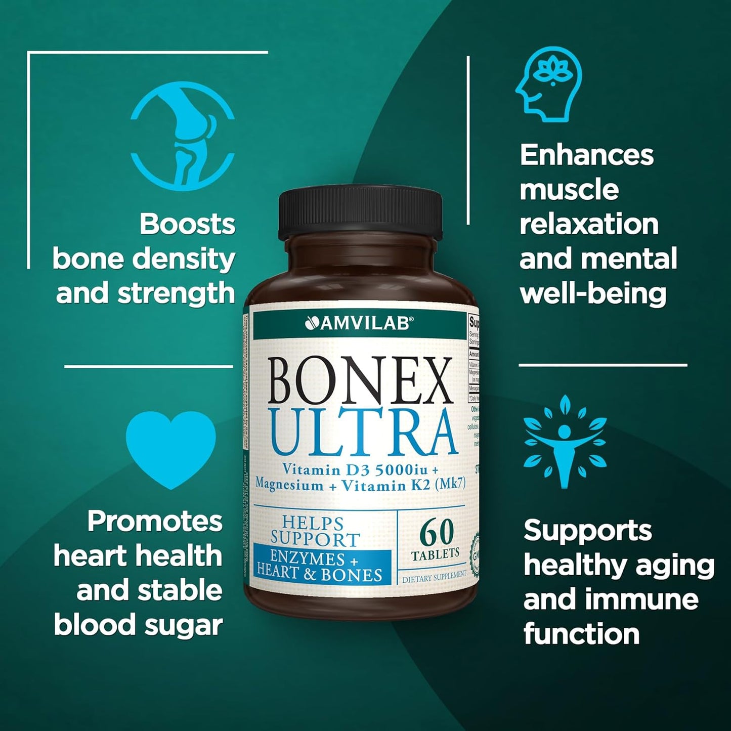 AMVILAB BONEX Ultra Supplement - Vitamin D3, K2, Magnesium - Cardiovascular, Immune & Bone Health - 60 Tablets