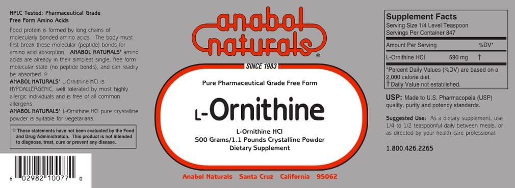 Anabol Naturals L-Ornithine 500g Free Form Powder Supplement for Muscle Growth and Recovery