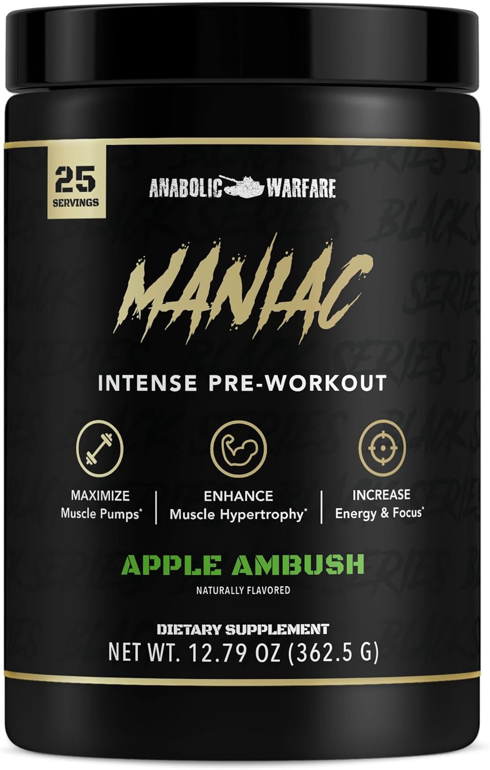 Anabolic Warfare Black Series Maniac Pre-Workout Powder - Apple Ambush Flavor, Boosts Nitric Oxide for Muscle Pumps and Protein Synthesis