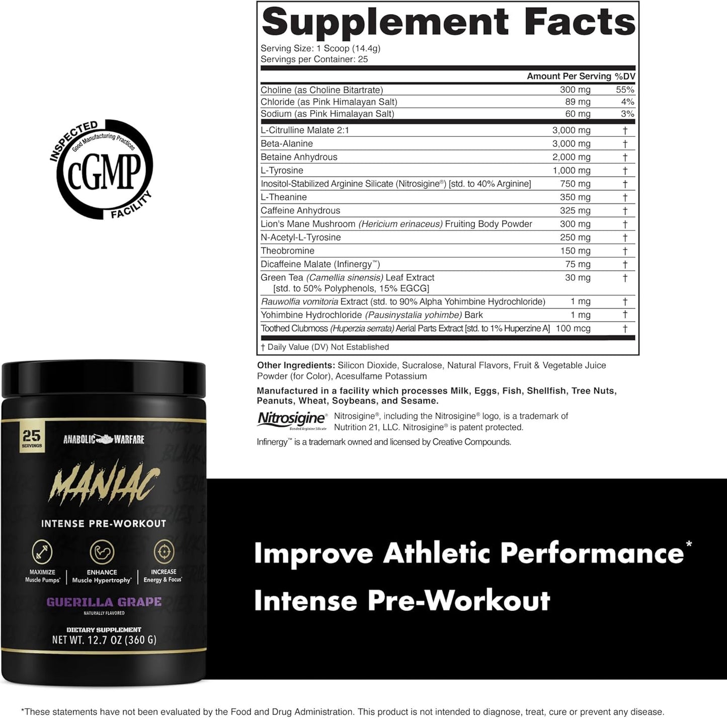 Anabolic Warfare Black Series Maniac Pre-Workout Powder - Apple Ambush Flavor, Boosts Nitric Oxide for Muscle Pumps and Protein Synthesis