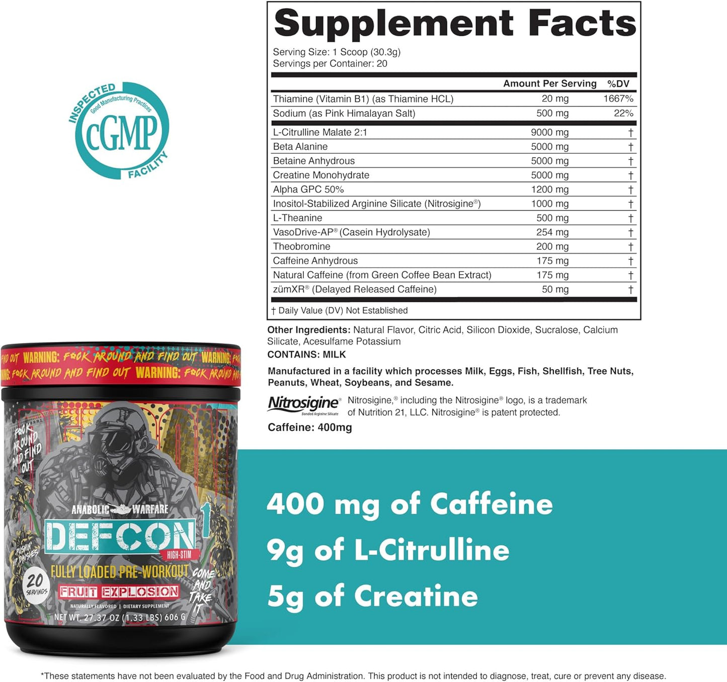 Anabolic Warfare Defcon1 High Stim Pre-Workout Powder - Fruit Explosion Flavor - 20 Servings