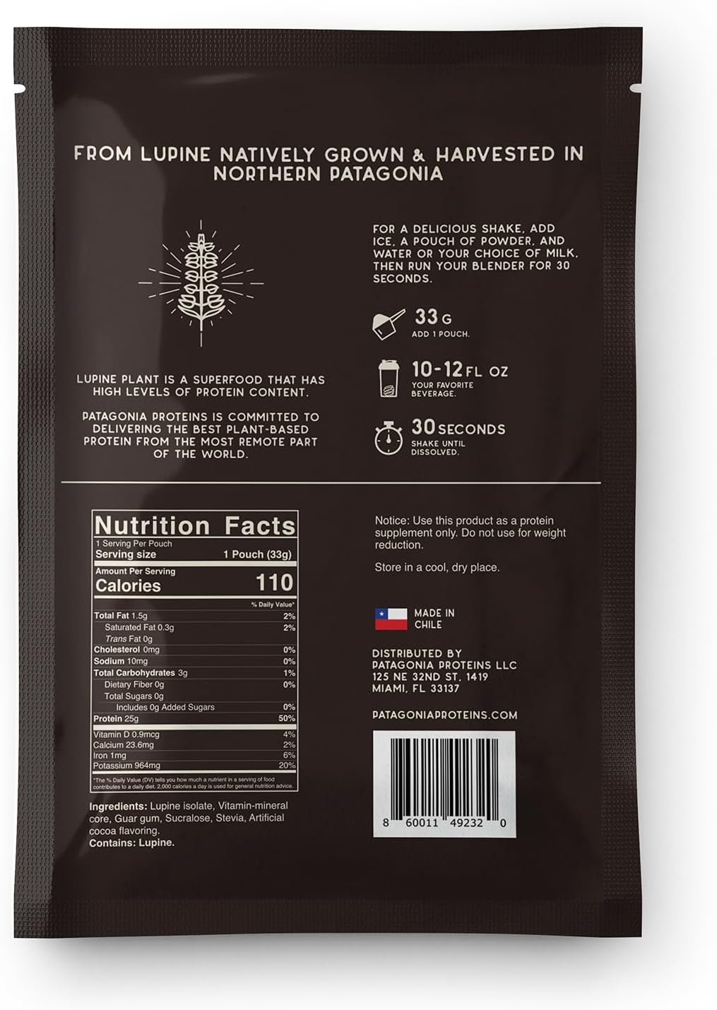 Andes Cocoa Patagonia Proteins: Vegan Plant-Based Protein Powder with 25g Protein, 110 Calories, 3.8g BCAAs - Non-GMO, Sugar/Soy/Gluten Free