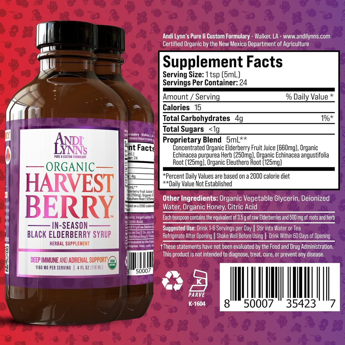 Andi Lynn's Organic Harvest Berry Elderberry Syrup - Immune Support - Custom Formulated with Real Honey - 12 Fl. Oz (3 Pack)