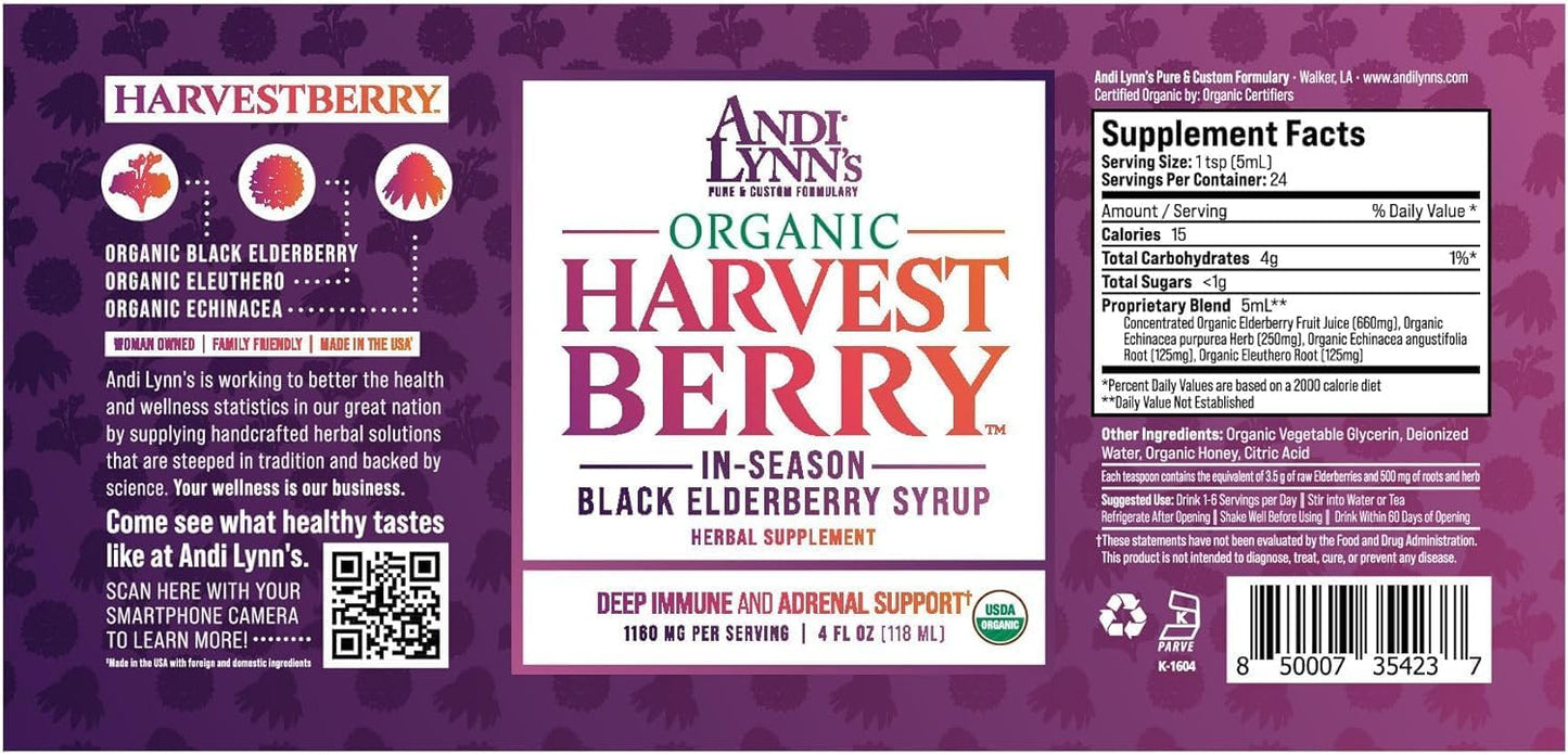 Andi Lynn's Organic Harvest Berry Elderberry Syrup - Immune Support - Custom Formulated with Real Honey - 12 Fl. Oz (3 Pack)