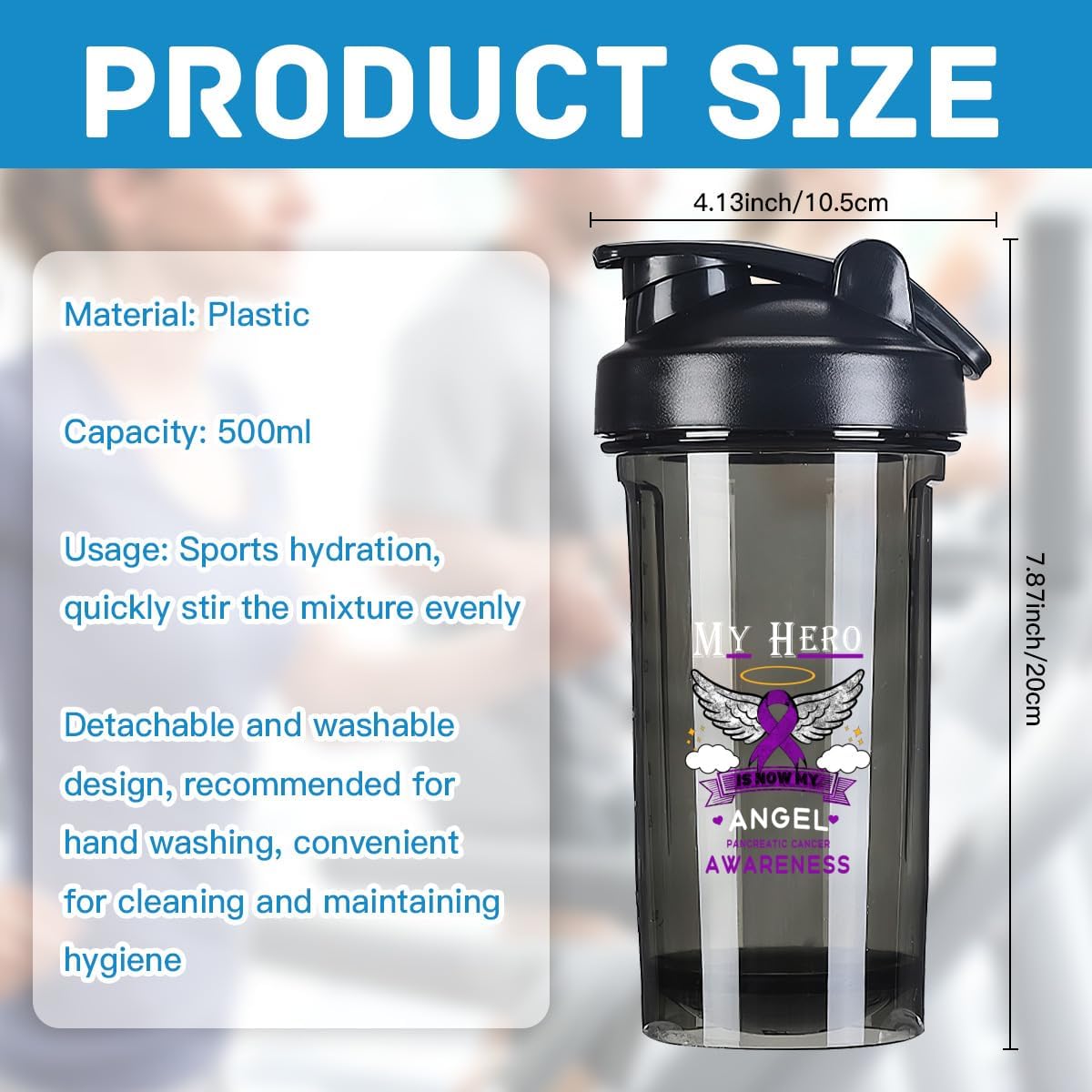 Angel Pancreatic Cancer 18oz Shaker Bottle - Leak-proof Mixer for Pre Workout Protein Shakes & Meal Replacements - 500ml Black Bottle