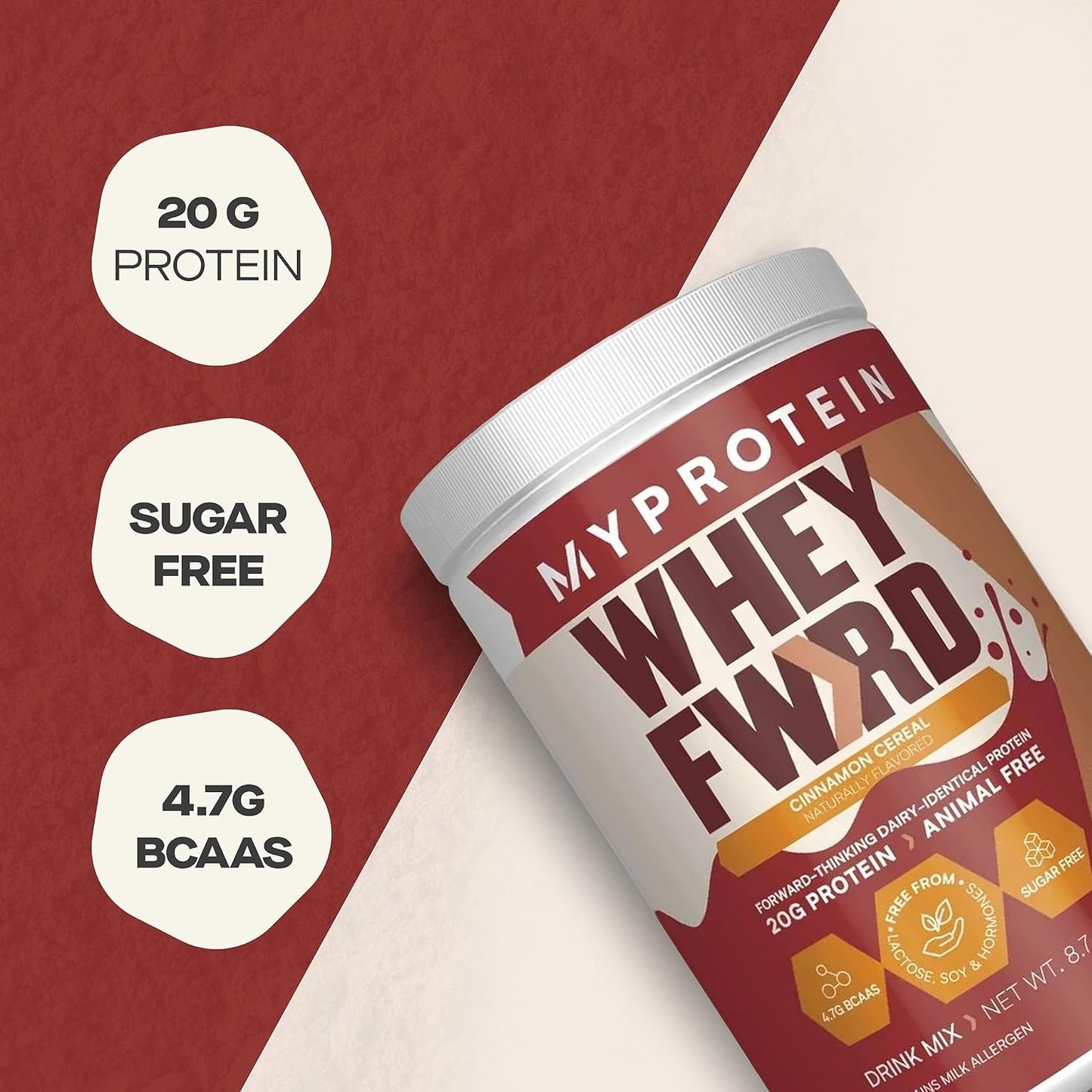 Animal-Free Cinnamon Cereal Protein Powder - 20g Protein & 4.7g BCAA - Muscle Strength & Recovery - Lactose & Sugar Free - 1.09 Lbs
