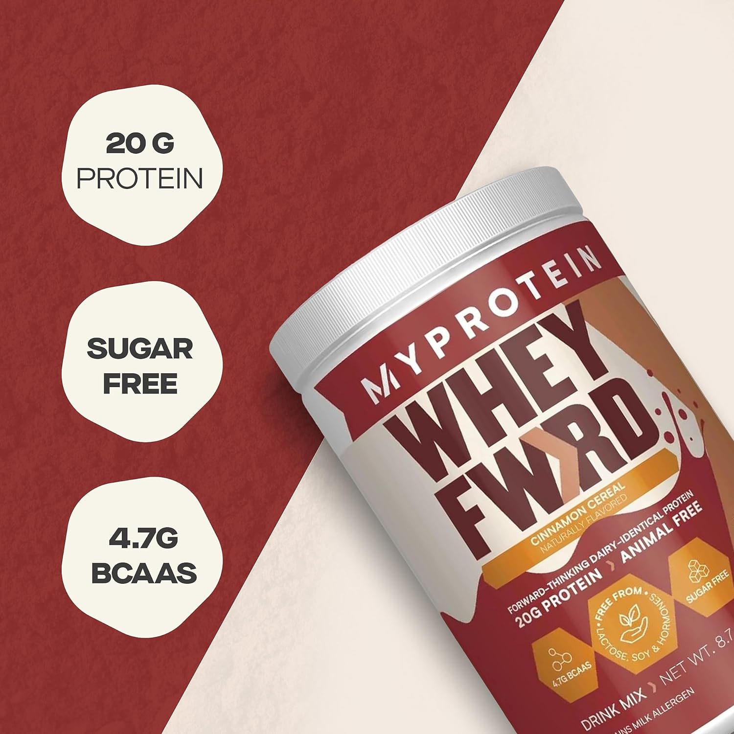 Animal-Free Cinnamon Cereal Protein Powder - 20g Protein & 4.7g BCAA - Muscle Strength & Recovery - Lactose & Sugar Free - 1.09 Lbs