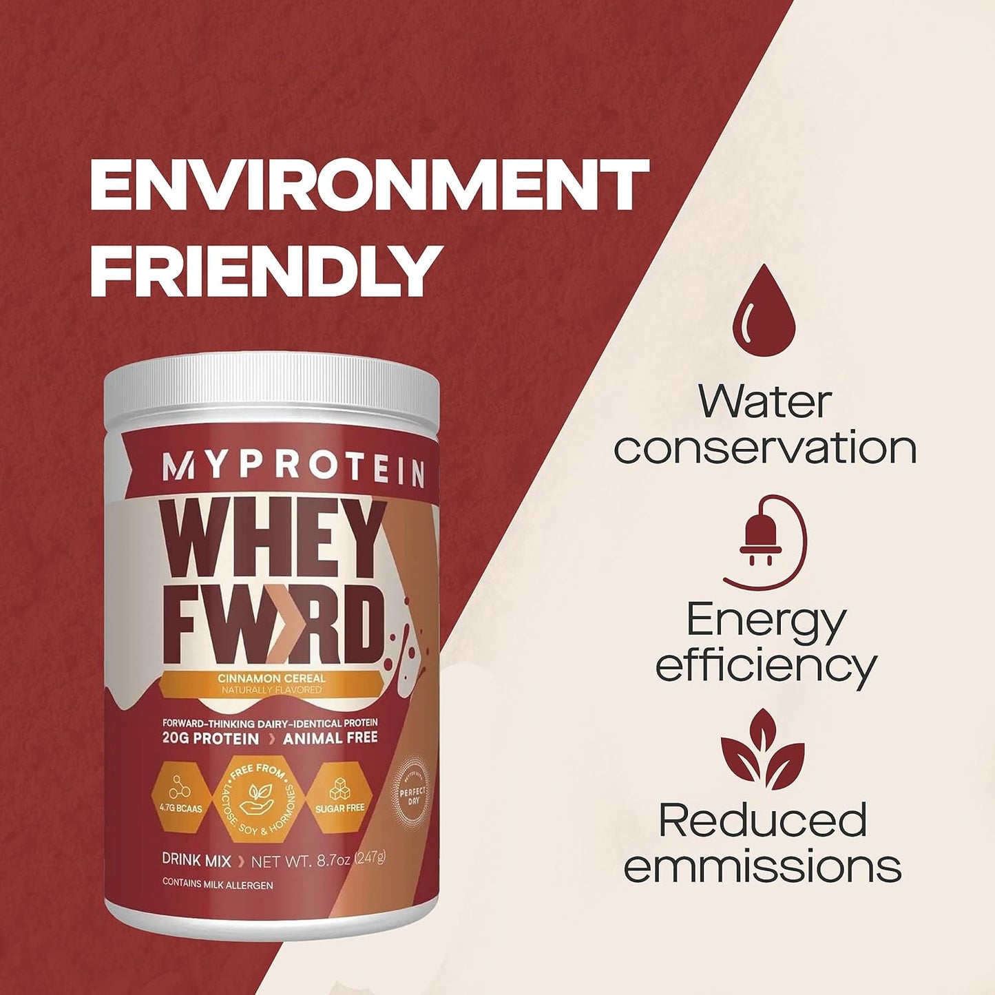 Animal-Free Cinnamon Cereal Protein Powder - 20g Protein & 4.7g BCAA - Muscle Strength & Recovery - Lactose & Sugar Free - 1.09 Lbs