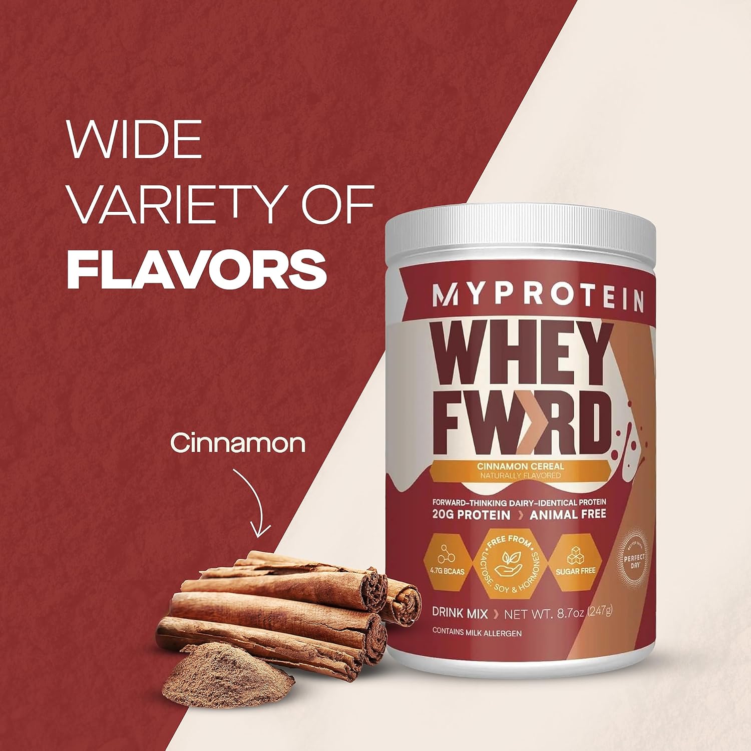 Animal-Free Cinnamon Cereal Protein Powder - 20g Protein & 4.7g BCAA - Muscle Strength & Recovery - Lactose & Sugar Free - 1.09 Lbs