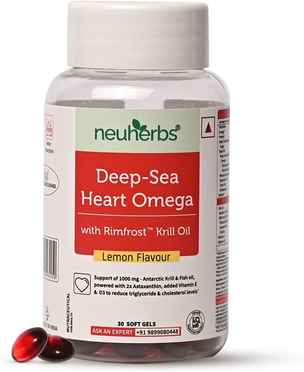 Antarctic Krill Oil Softgels 1000mg with Astaxanthin, Vitamin E & D3 - Reduce Triglyceride & Cholesterol - Lemon Flavor - 30 Softgels