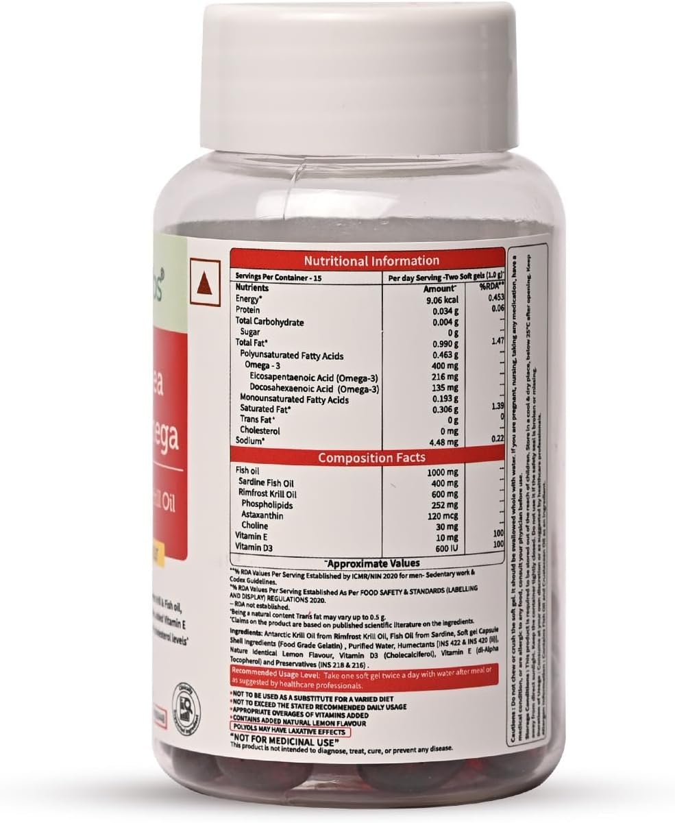 Antarctic Krill Oil Softgels 1000mg with Astaxanthin, Vitamin E & D3 - Reduce Triglyceride & Cholesterol - Lemon Flavor - 30 Softgels