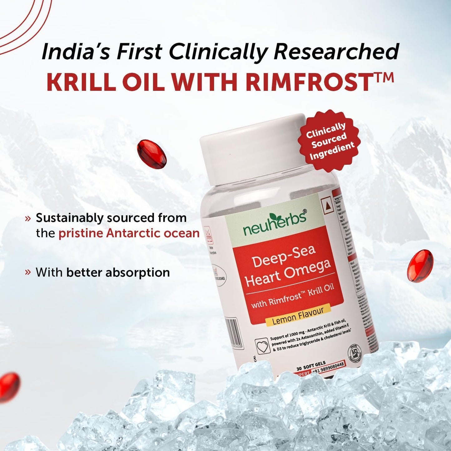 Antarctic Krill Oil Softgels 1000mg with Astaxanthin, Vitamin E & D3 - Reduce Triglyceride & Cholesterol - Lemon Flavor - 30 Softgels