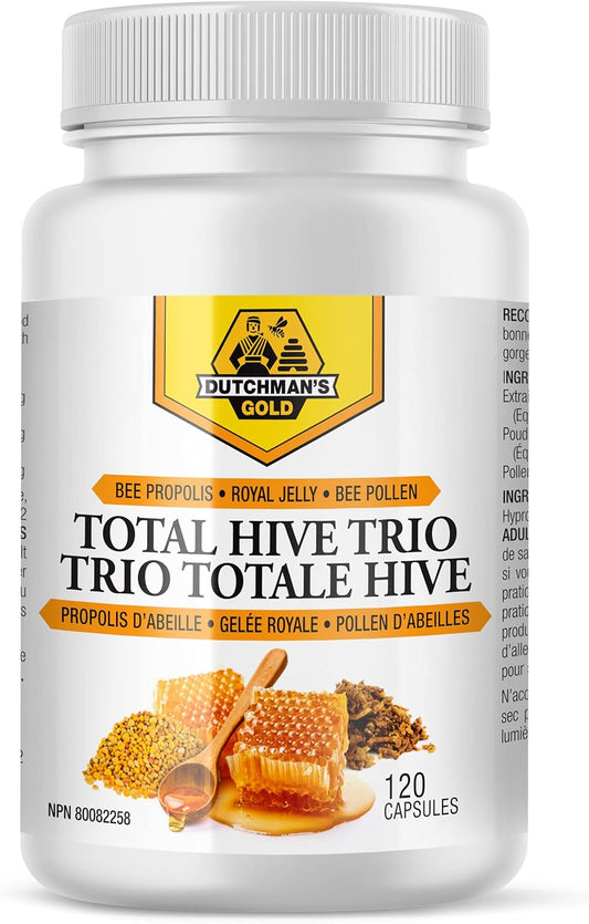 Antioxidant Immune Support Capsules with Bee Pollen, Royal Jelly, Propolis - Total Hive Trio Supplement with Natural Honey Mix - 120 Veg Caps, 30-60 Servings