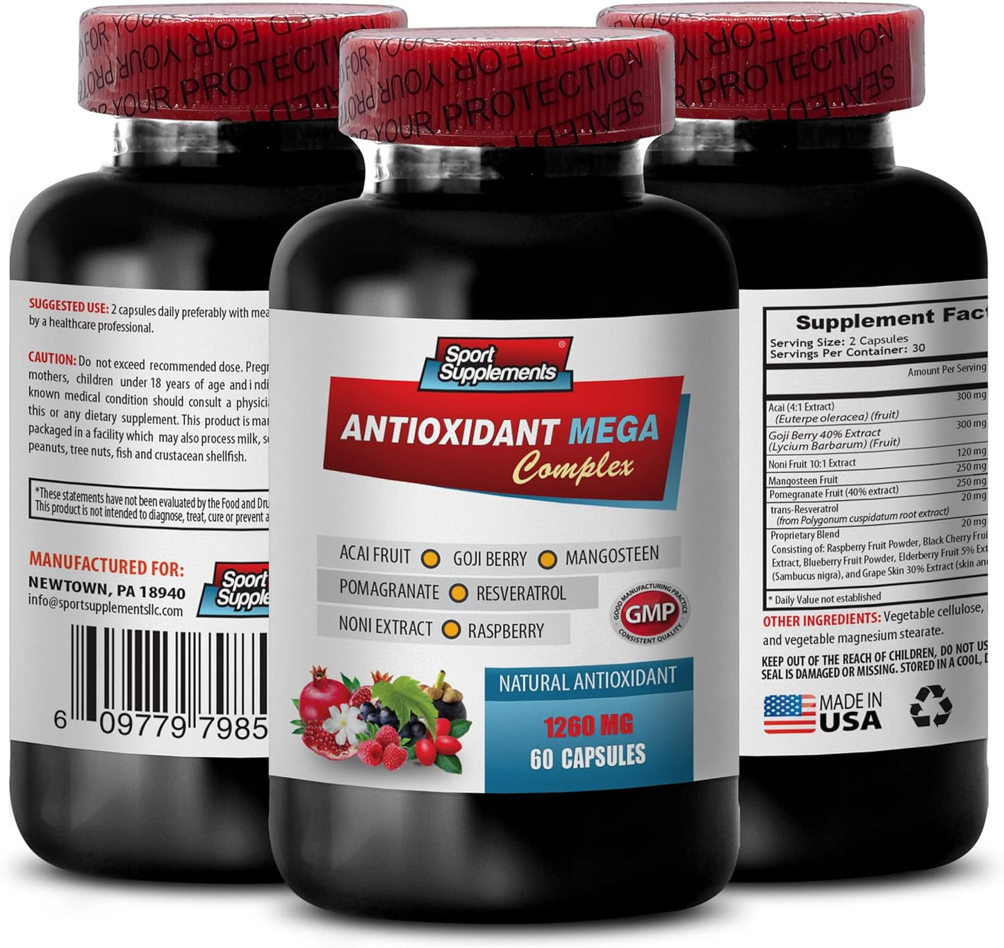 Antioxidant Mega Complex Supplement - 1440mg Resveratrol, Acai, Goji, Pomegranate, Mangosteen - 2B 120 Capsules