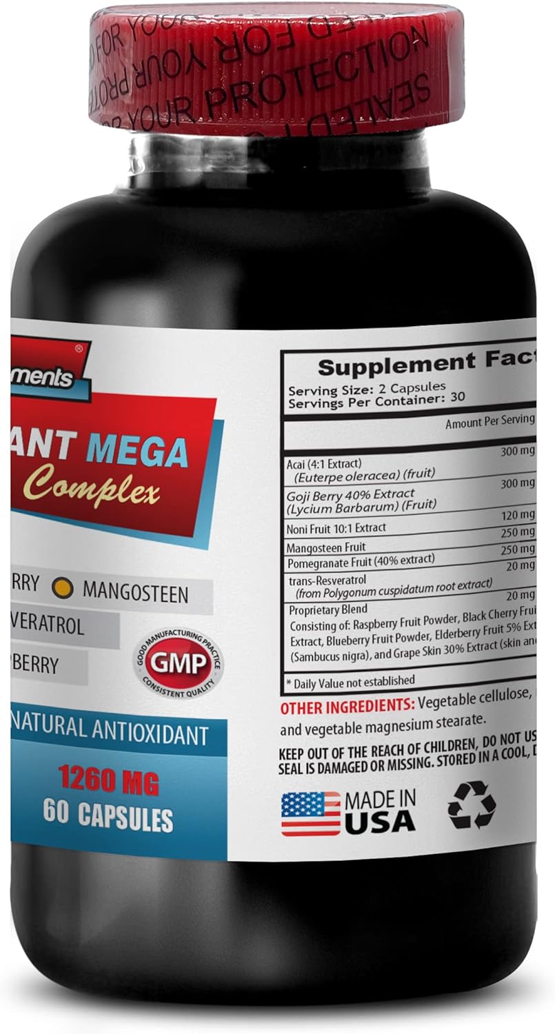 Antioxidant Mega Complex Supplement - 1440mg Resveratrol, Acai, Goji, Pomegranate, Mangosteen - 2B 120 Capsules