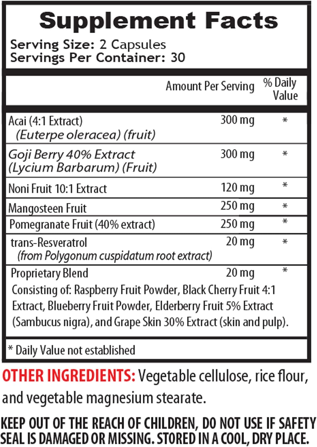 Antioxidant Mega Complex Supplement - 1440mg Resveratrol, Acai, Goji, Pomegranate, Mangosteen - 2B 120 Capsules
