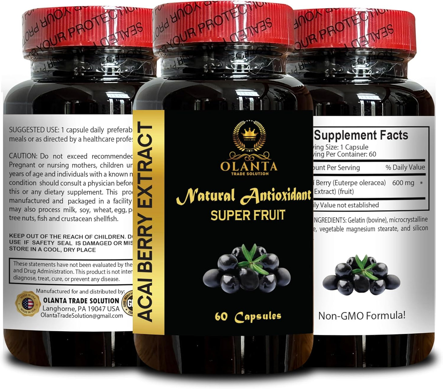 Antioxidant-Rich OLANTA ACAI Berry Extract Pills - Gluten Free Wellness Boost Formula - 60 Capsules