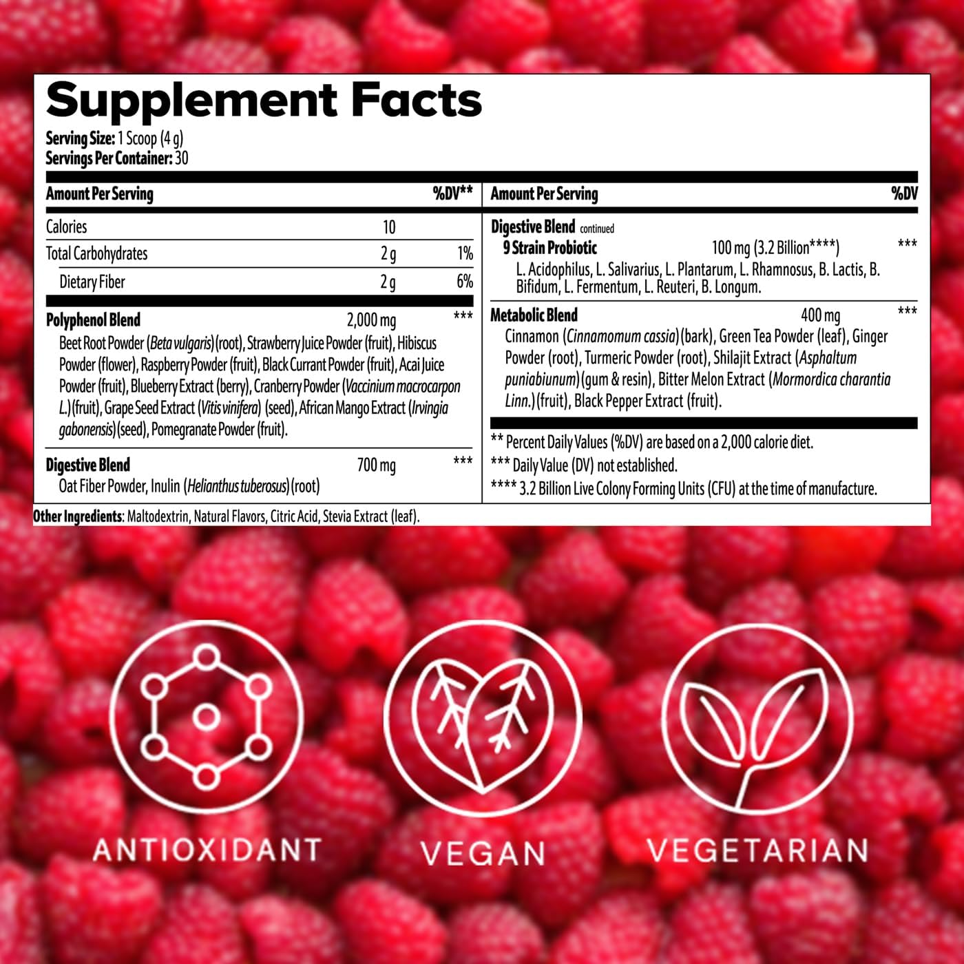 Antioxidant Superfood Blend with Beet Root, Cranberry, Hibiscus, Acai & Probiotics - Vegan, 30 Servings