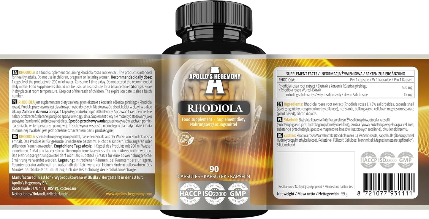 Apollo's Hegemony Rhodiola Rosea 125mg Extract, 90 Vegan Tablets, Reduce Fatigue & Improve Well-Being, Herbal Supplement