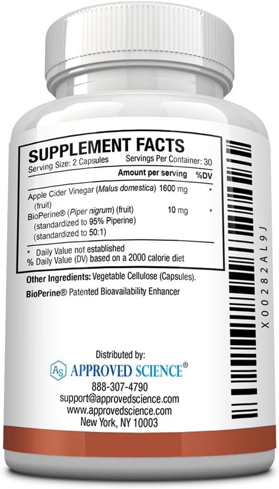 Apple Cider Vinegar Capsules with BioPerine and 'The Mother' - 1600mg, Non-GMO, Vegan - 60 Capsules (1 Pack) by Approved Science