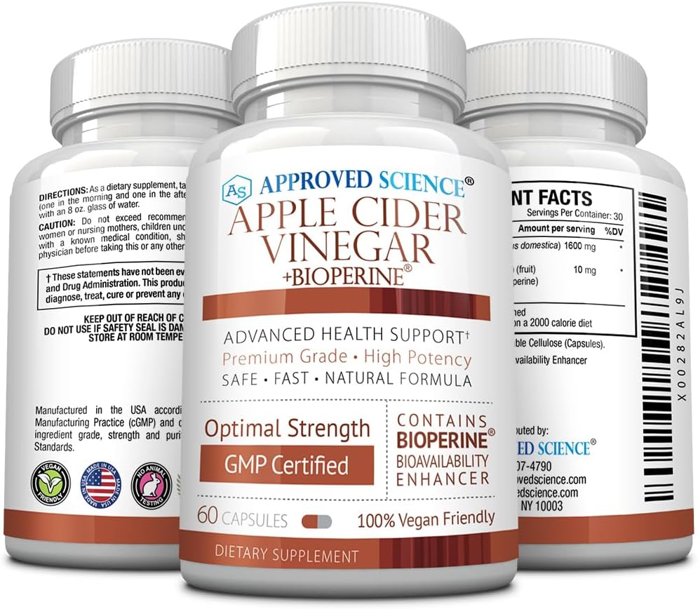 Apple Cider Vinegar Capsules with BioPerine and 'The Mother' - 1600mg, Non-GMO, Vegan - 60 Capsules (1 Pack) by Approved Science