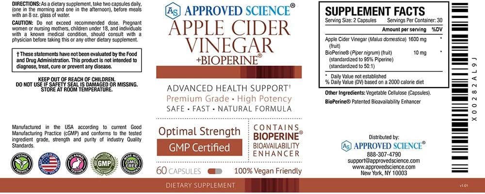 Apple Cider Vinegar Capsules with BioPerine and 'The Mother' - 1600mg, Non-GMO, Vegan - 60 Capsules (1 Pack) by Approved Science