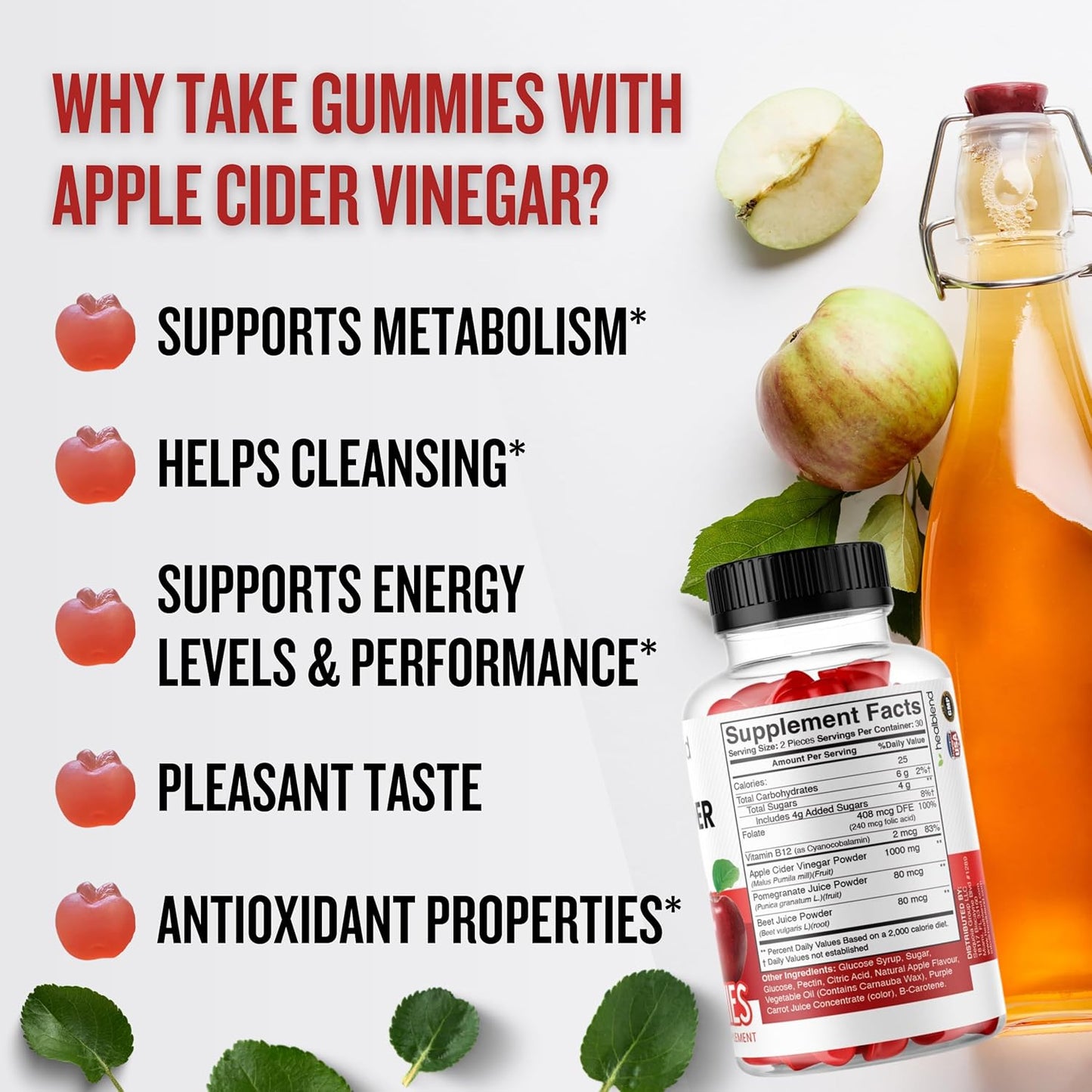 Apple Cider Vinegar Gummy Vitamins 1000MG Per Serving with Vitamin B12, Pomegranate & Beet Juice - 60 Count, Gelatin-Free, Gluten-Free, Vegan & Non-GMO