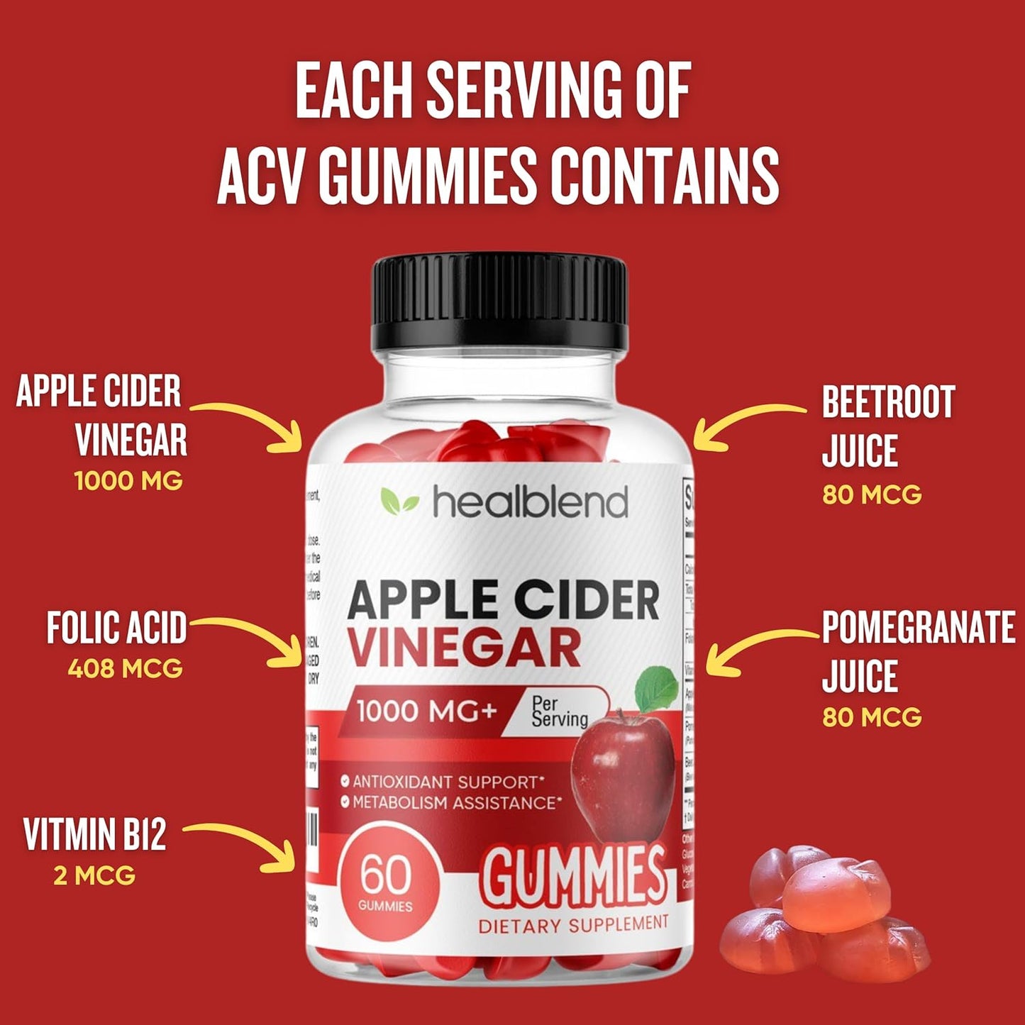 Apple Cider Vinegar Gummy Vitamins 1000MG Per Serving with Vitamin B12, Pomegranate & Beet Juice - 60 Count, Gelatin-Free, Gluten-Free, Vegan & Non-GMO