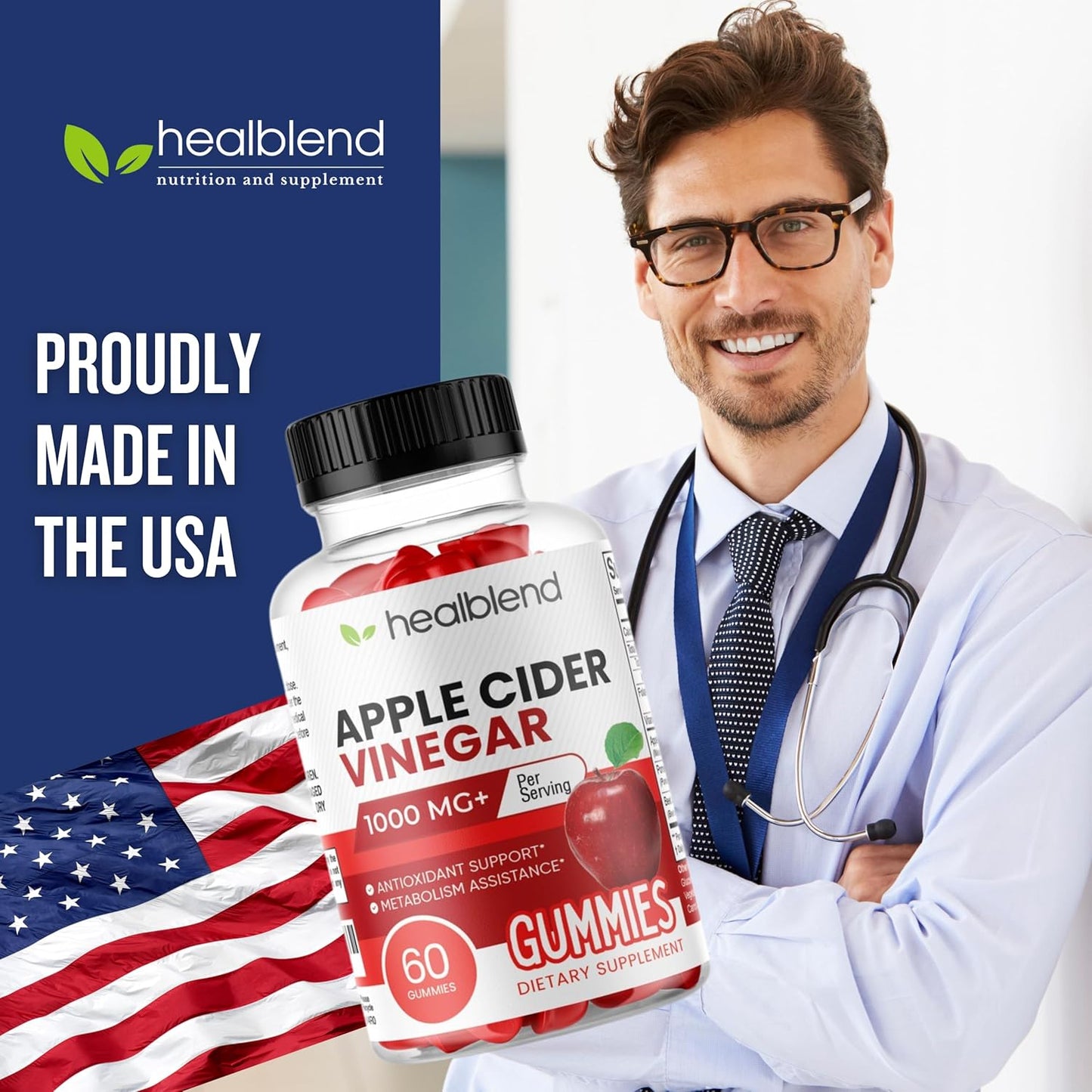 Apple Cider Vinegar Gummy Vitamins 1000MG Per Serving with Vitamin B12, Pomegranate & Beet Juice - 60 Count, Gelatin-Free, Gluten-Free, Vegan & Non-GMO