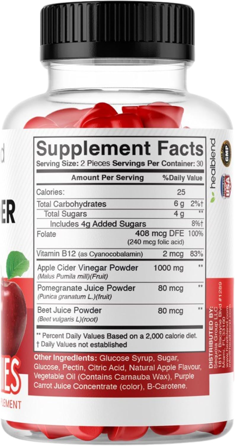 Apple Cider Vinegar Gummy Vitamins 1000MG Per Serving with Vitamin B12, Pomegranate & Beet Juice - 60 Count, Gelatin-Free, Gluten-Free, Vegan & Non-GMO