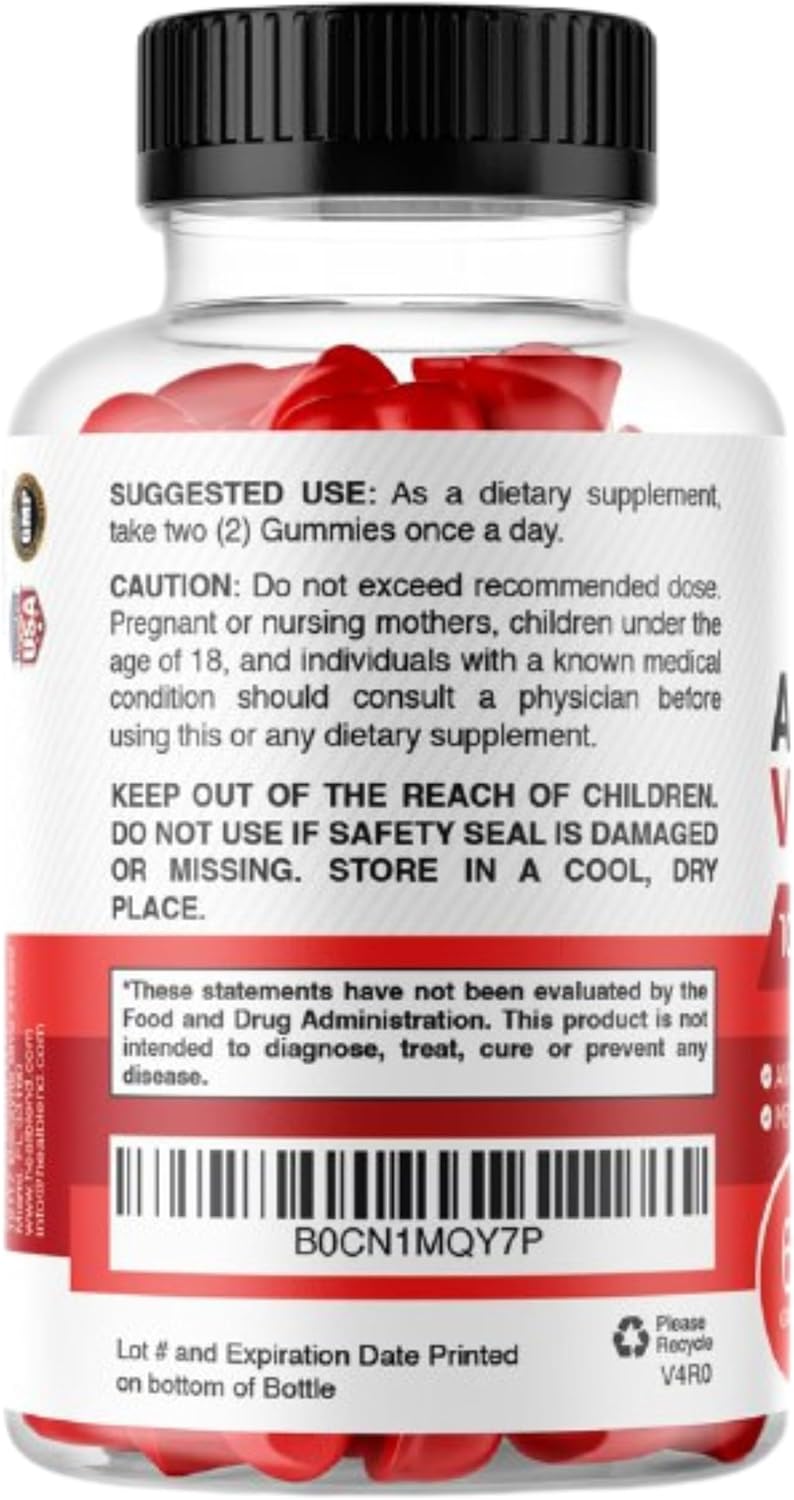Apple Cider Vinegar Gummy Vitamins 1000MG Per Serving with Vitamin B12, Pomegranate & Beet Juice - 60 Count, Gelatin-Free, Gluten-Free, Vegan & Non-GMO