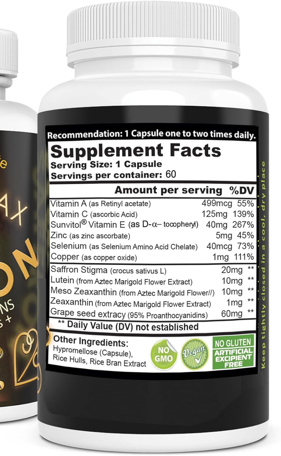 AREDS 2 Eye Vitamin & Mineral Supplement with Saffron, Grape Seed Extract, Selenium - 60 Capsules