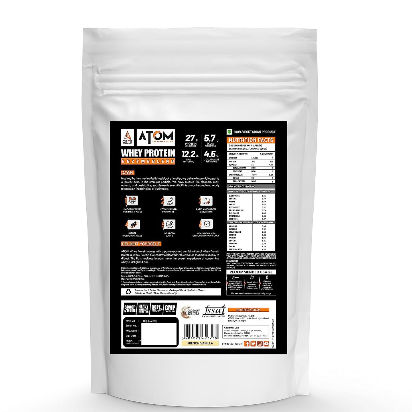 Asitis Nutrition AS-IT-is Atom Whey Protein 1kg/35.2 Oz with Digestive Enzymes - French Vanilla Flavor, 27g Protein, 5.7g BCAA - USA Labdoor Certified