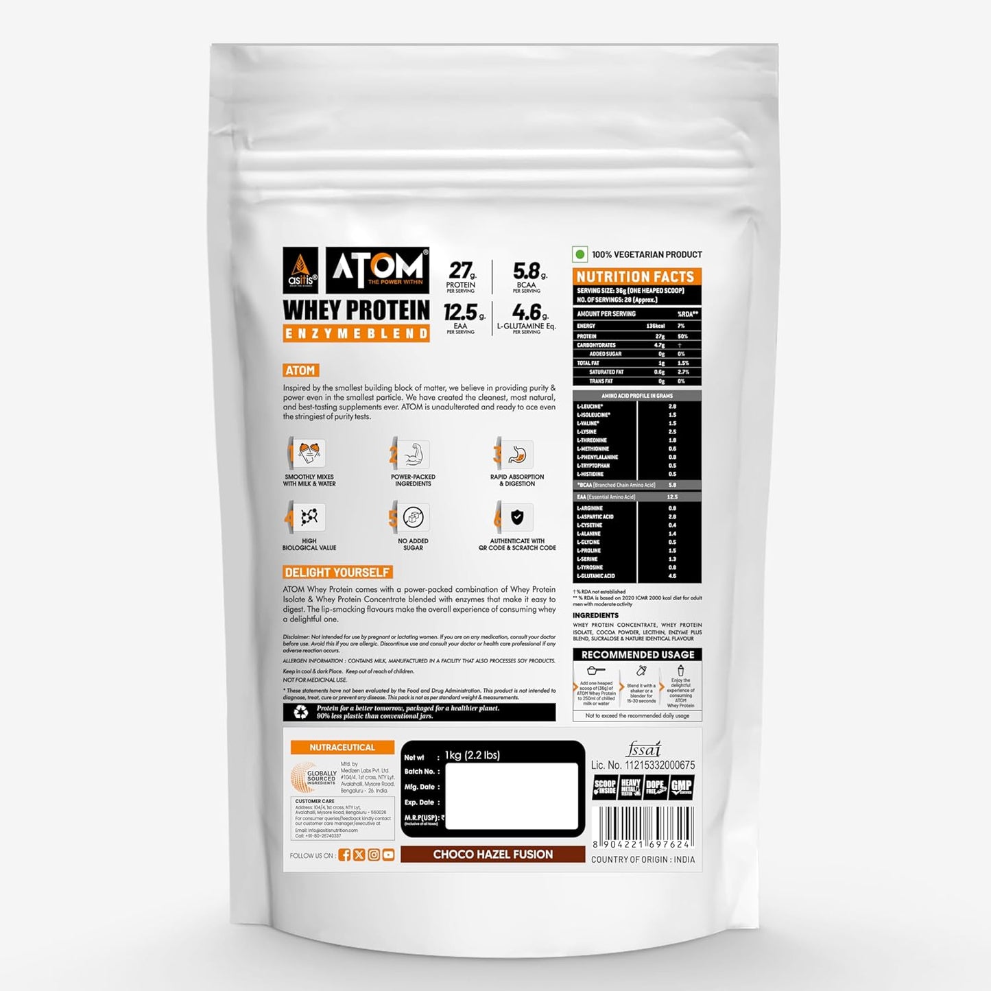 Asitis Nutrition Atom Whey Protein 1kg/35.2 Oz with Digestive Enzymes - Choco Hazel Fusion Flavor, 27g Protein, 5.7g Bcaa, Labdoor Certified USA-made