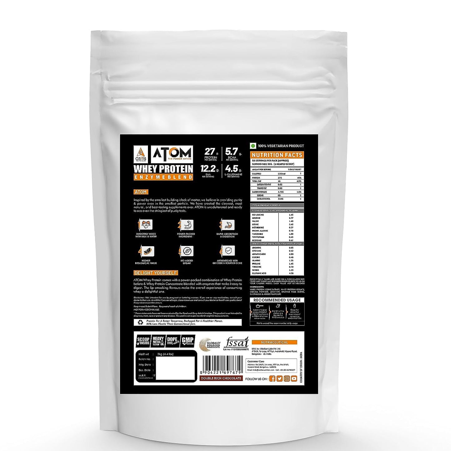 Asitis Nutrition Atom Whey Protein 2kg/70.5 Oz with Digestive Enzymes - Double Rich Chocolate Flavor, 27g Protein, 5.7g Bcaa - USA Labdoor Certified