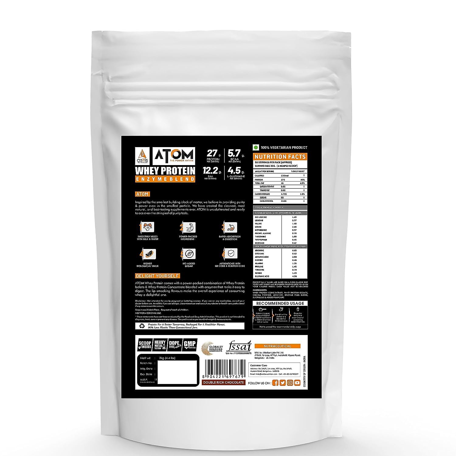 Asitis Nutrition Atom Whey Protein 2kg/70.5 Oz with Digestive Enzymes - Double Rich Chocolate Flavor, 27g Protein, 5.7g Bcaa - USA Labdoor Certified