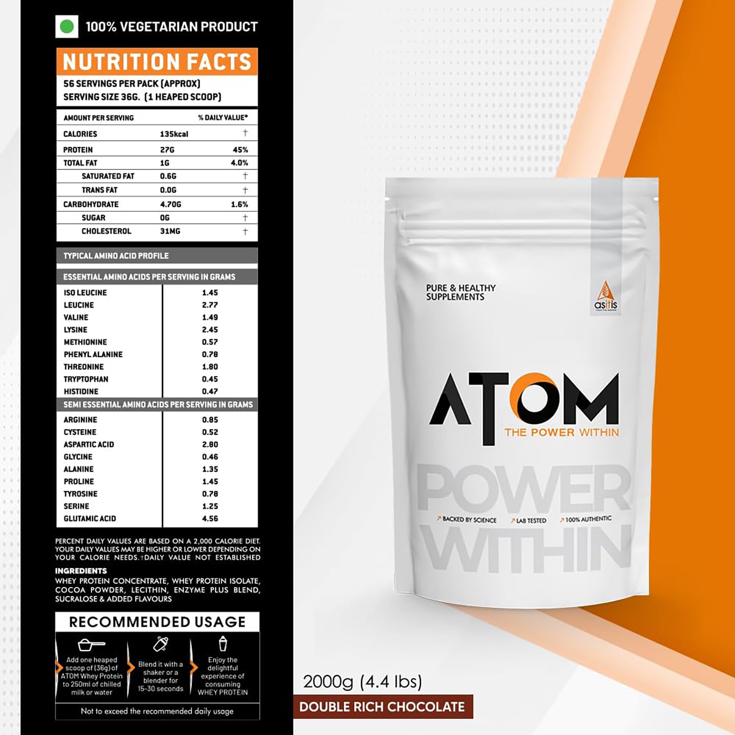 Asitis Nutrition Atom Whey Protein 2kg/70.5 Oz with Digestive Enzymes - Double Rich Chocolate Flavor, 27g Protein, 5.7g Bcaa - USA Labdoor Certified