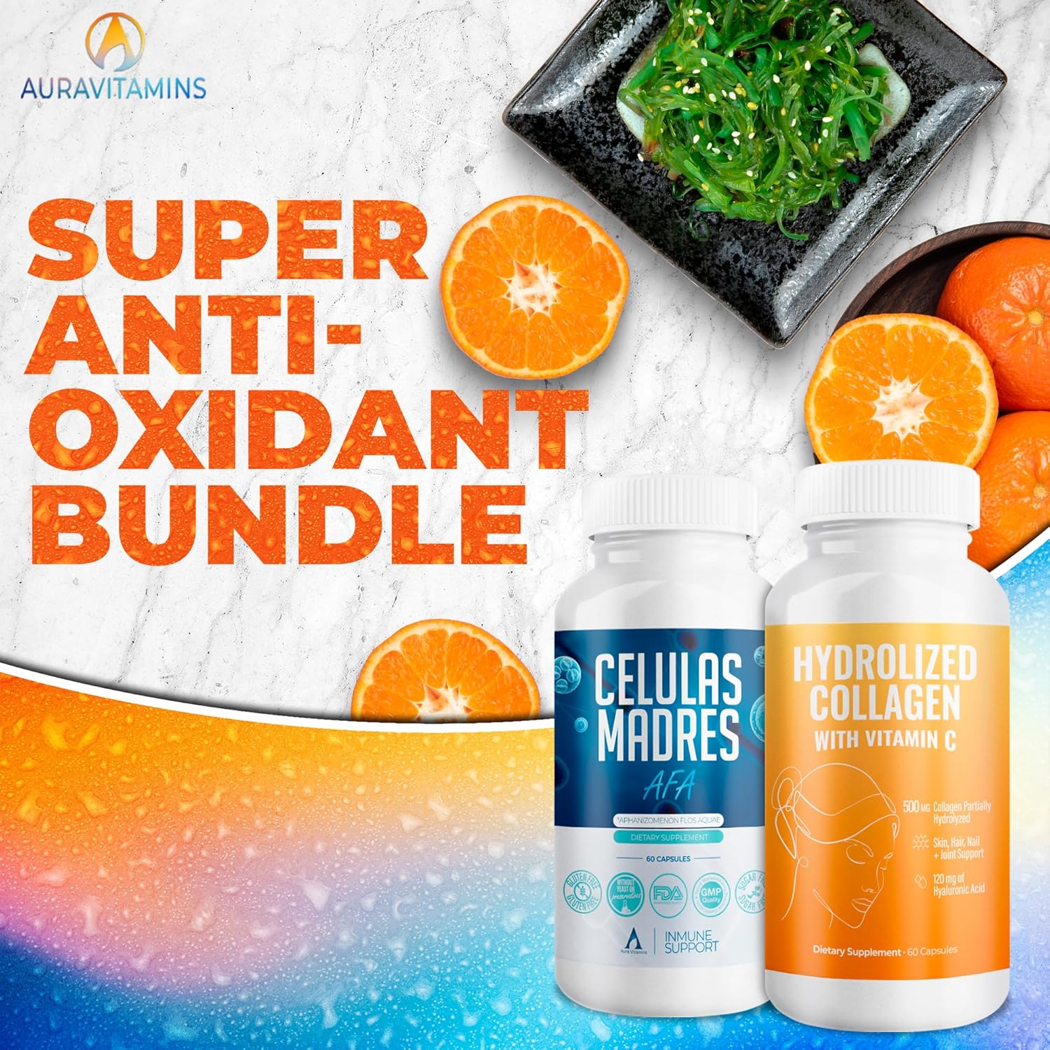 AURA VITAMINS Mega Antioxidant Bundle with Hydrolyzed Collagen, AFA Stem Cell, Vitamin C - Skin, Hair, Nail Support - 60 Capsules