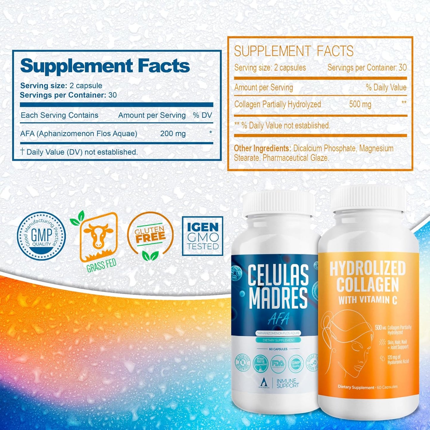 AURA VITAMINS Mega Antioxidant Bundle with Hydrolyzed Collagen, AFA Stem Cell, Vitamin C - Skin, Hair, Nail Support - 60 Capsules
