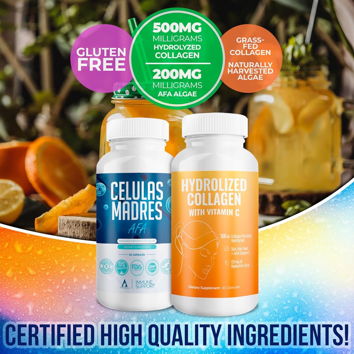 AURA VITAMINS Mega Antioxidant Bundle with Hydrolyzed Collagen, AFA Stem Cell, Vitamin C - Skin, Hair, Nail Support - 60 Capsules