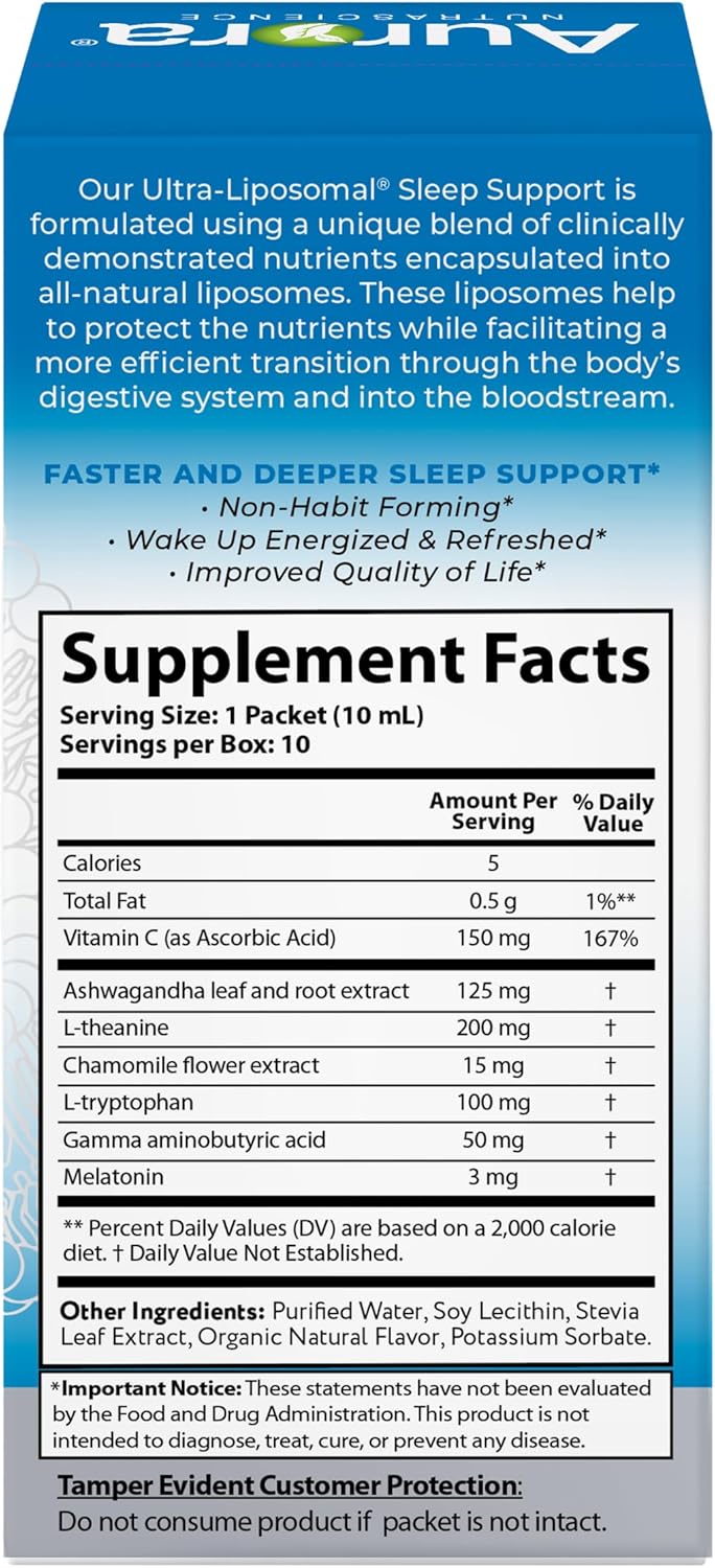 Aurora Nutrascience Ultra-Liposomal Sleep Support with Melatonin, L-Theanine, GABA & Calming Herbs - 10 Liquid Packets