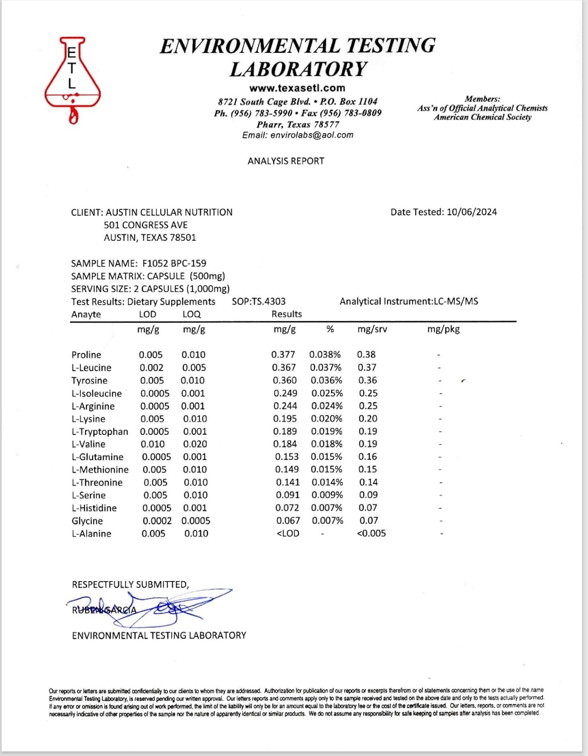 Austin Cellular Nutrition BPC-159 Muscle and Joint Support Complex - 60 Capsules USA Made