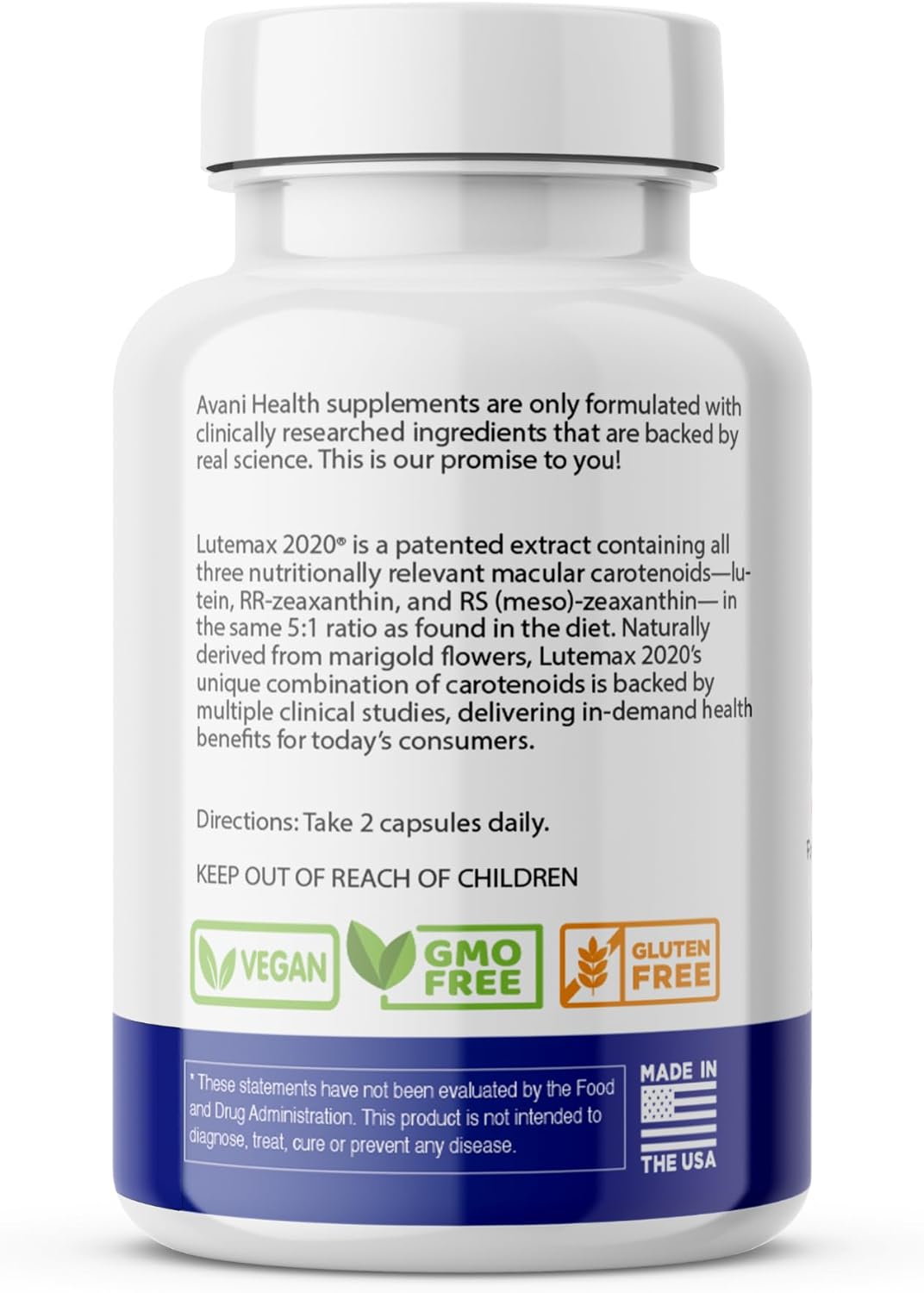 Avani Vision Health Plus with Lutemax 2020 for Eye Health - 20mg Lutein, 4mg Zeaxanthin
