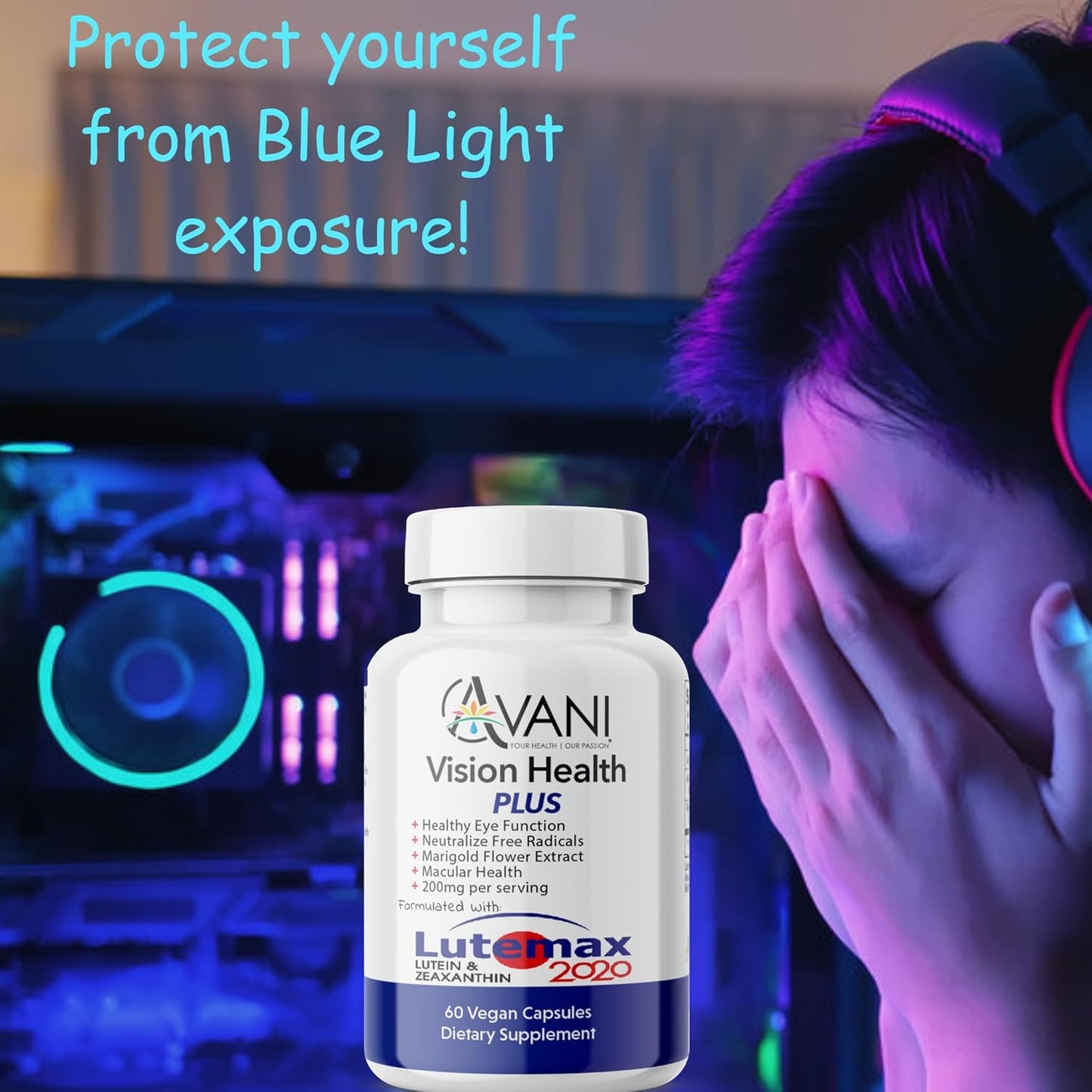 Avani Vision Health Plus with Lutemax 2020 for Eye Health - 20mg Lutein, 4mg Zeaxanthin