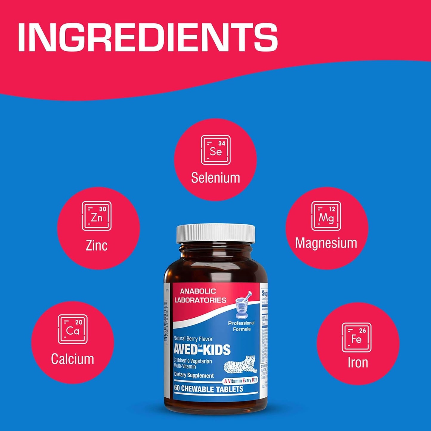 AVED Kids Multivitamin with Iron - 60 Chewable Tablets for Kids with Vitamins A, B, C, D, E, Iron, Calcium, Magnesium, and Zinc - Natural Berry Flavor