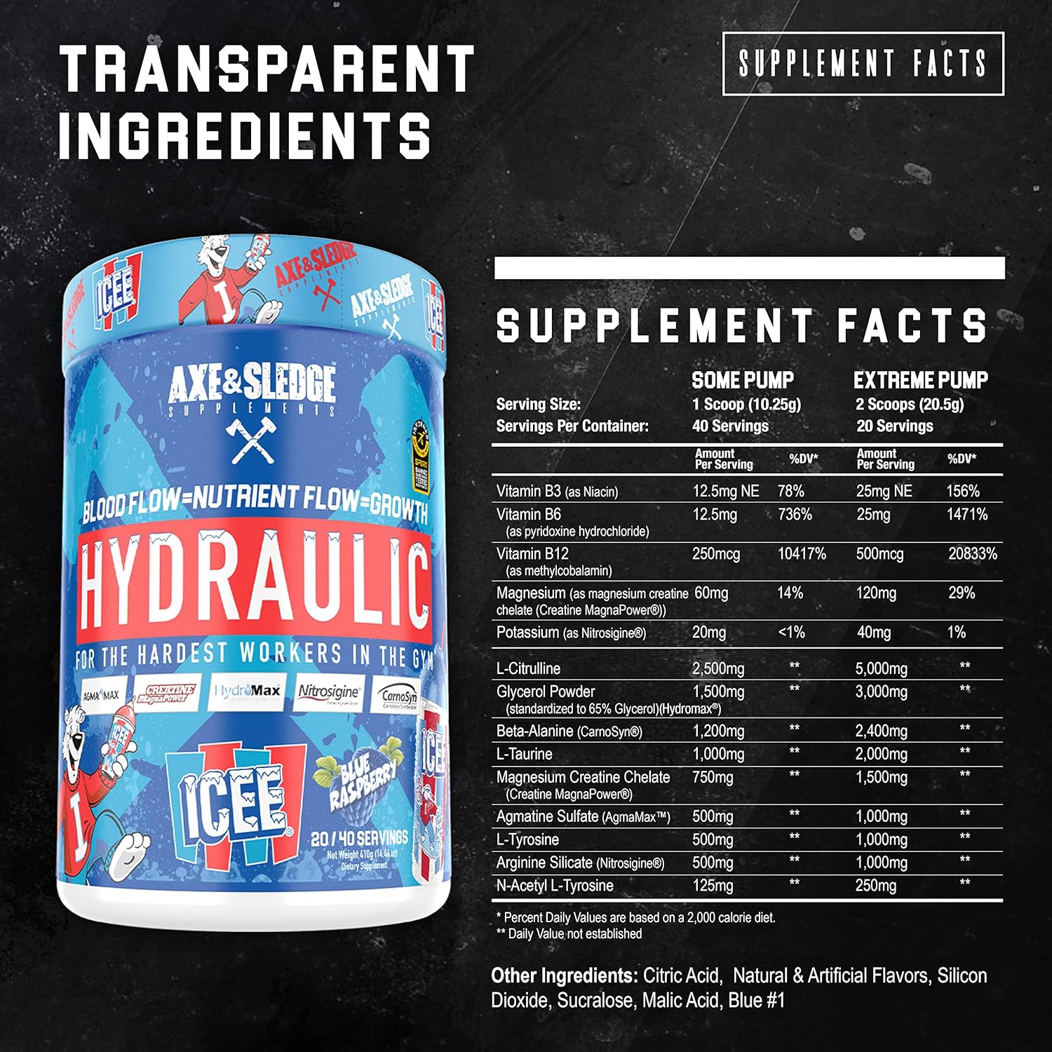 Axe & Sledge Stimulant-Free Pre-Workout Powder, ICEE Blue Raspberry Flavor, 40 Servings